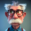 A full-length 3D portrait of an elderly man with white hair, glasses and a mustache, representing a pleasant retired grandfather. Ideal to evoke wisdom or kindness