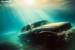 An abandoned, submerged vintage car illuminated by sunbeams from the ocean surface, capturing a unique combination of beauty and tragedy.