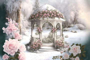 illustration snow winter season garden with pavilion 