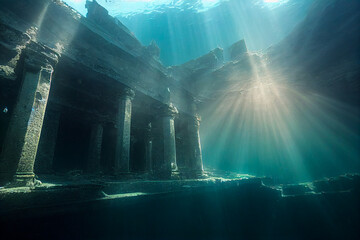 maritime ruins reminiscent of atlantis illuminated by the sun's rays. travel through prehistory and 