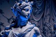  a statue of a woman with a blue dress on and a blue background with a curtain behind it and a curtain behind it. generative ai