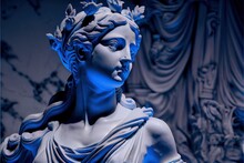  A Statue Of A Woman With A Blue Dress On And A Blue Background With A Curtain Behind It And A Curtain Behind It.