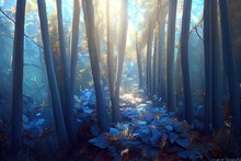  A Painting Of A Path Through A Forest With Blue Leaves On The Ground And Trees In The Background With Bright Sunlight Coming Through The Trees.