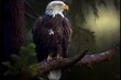  a bald eagle perched on a tree branch in a forest with pine needles and a dark background with a green pine tree. Generative AI