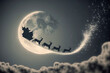 © Charlie - Santa Claus is spotted in the night sky as he flies in front of the moon on Christmas Eve , delivering gifts to good boys and girls. Santa Claus silhouette seen in the sky at night.