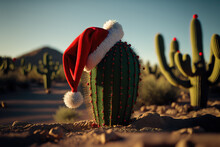 Cactus With Santa Hat In The Desert, Illustration Generated By AI