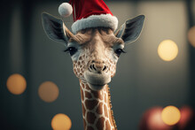 Portrait Of Giraffe With Santa Hat, Illustration Generated By AI