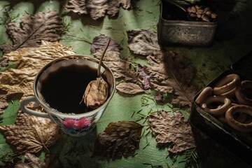 Wall Mural - Still life: a cup of coffee and brown roasted beans stand on a dark green background