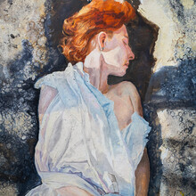 The Girl Lies In An Earthen Pit. A Clothed Woman With Red Hair. Oil Painting Portrait With Biblical Melancholic Subject. Fragment Of A Painting With Hands.
