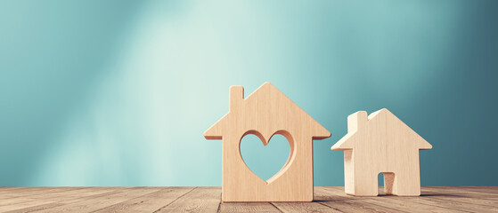 Wall Mural - Miniature wooden block house with a heart - 3D render