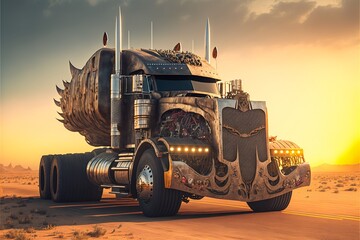 truck driving on the road, transportation business, highway transit, trucking in america, fictional truck created with generative ai