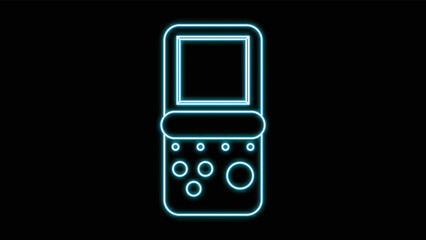 Wall Mural - Blue neon glowing portable game console, for video games with buttons and screen old retro hipster vintage from 70s, 80s, 90s on black background. Vector illustration