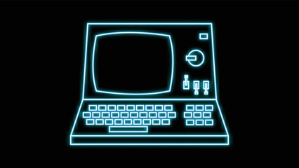 Poster - Blue neon personal computer with monitor, pc old retro hipster vintage from 70s, 80s, 90s on black background. Vector illustration