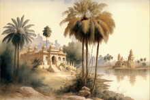 Vintage Wallpaper - Digital Landscape Painting Of Palm Trees And River Banks Of India With Ancient Temples -2