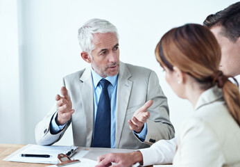 Wall Mural - Giving them his expert opinion. Shot of a group of colleagues having a meeting in the boardroom.