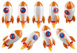 Cartoon rocket from different angles. Spaceship isolated on transparent background. 3D rendered image.