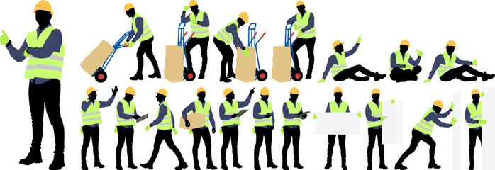 Sticker - Silhouettes set of worker wearing helmet and vest. Vector flat style illustration isolated on white. Full-length view	