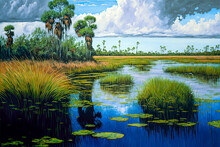Acrylic Painting Of The Florida Everglades. Generative AI