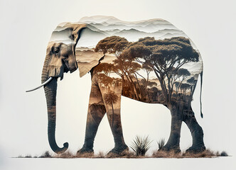 Elephant and the African savanna, double exposure photography. Generative AI