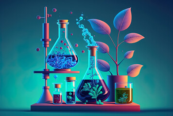 blue backdrop with a chemistry lab set on a table with colourful substances within. glassware and bi