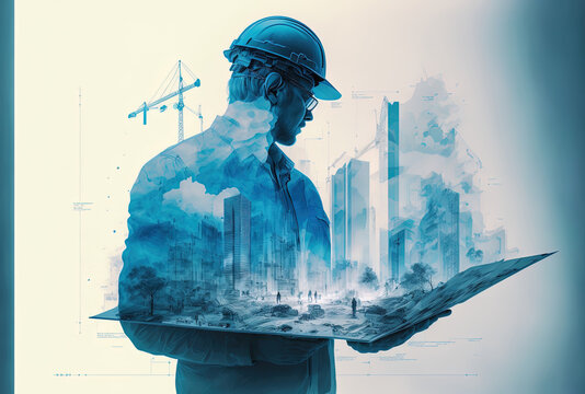 construction engineer holding plan in double exposure above blue city and construction site. generat
