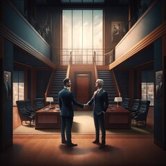 Poster - Illustration of Two Business Men Shaking Hands In AN Office Wearing Suits, Negotiation 