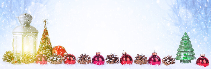 Wall Mural - winter background of snowed lantern and christmas decoration.
