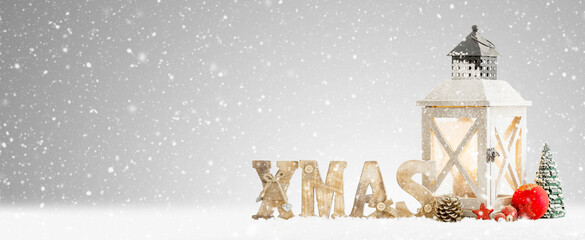 Wall Mural - winter background of snowed lantern and christmas decoration.