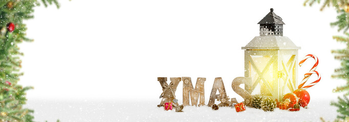 Wall Mural - winter background of snowed lantern and christmas decoration.
