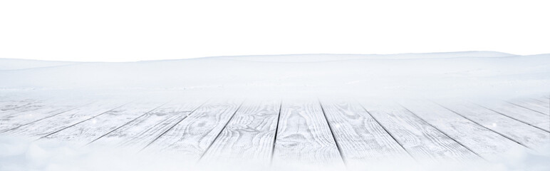 Wall Mural - winter christmas scenic background with wooden table and copy space.