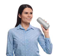 Wall Mural - Beautiful young woman drinking from tin can on white background