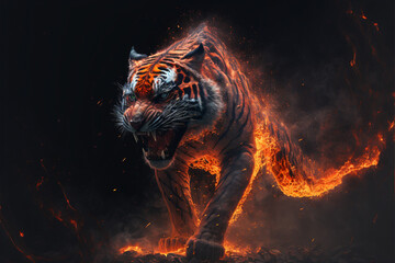 Wall Mural - Epic cinematic portrait of a tiger filled with equal parts mysterious smoke and ethereal fire