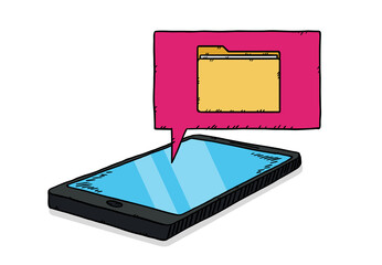 Poster - Lying phone on which appears a cartoon cloud with a folder of documents. Hand-drawn graphics.