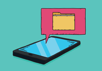 Poster - Lying phone on which appears a cartoon cloud with a folder of documents.
Hand-drawn vector graphics