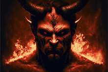 Scary Demon With Horns In Hell. Generative AI