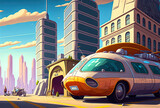 Fototapeta  - Metaverse city with a vehicle. Generative AI