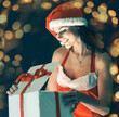 © yurolaitsalbert - surprised young woman in costume of Santa Claus opening a Christmas gift. Beautiful bokeh effect from a garland.