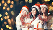 © yurolaitsalbert - group of happy women in costumes of Santa Claus. Beautiful bokeh effect from a garland.