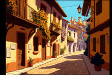 Sunny Old Spanish Town Street. Generative AI
