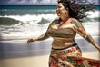 Plus sized woman running on tropical island beach. She is happy and smiling. Created with generative AI. 