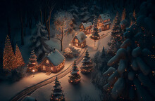Christmas Retro Village With Snow At Winter. Christmas Card Landscape. Generative AI