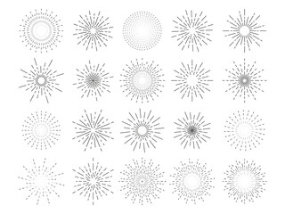 Poster - Firework icons, starburst or doodle explosion, sun shine, light flash, new year celebrate. Boom anniversary display, circles frames, congratulations line elements. Vector flat set