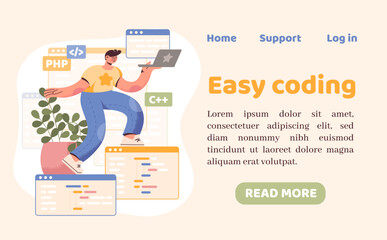 Leinwandbilder - Computer programming. PC coding landing. Programmer or developer education classes. Web technology language study. Screen windows. Backend java coder. Vector website design template
