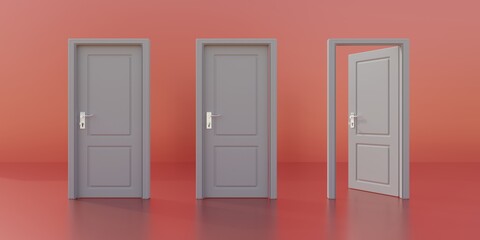 Wall Mural - One opened and two closed doors on orange color background. 3d render