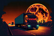 © The 2R Artificiality - Transportation and logistics idea of a cargo truck travelling on a highway while transporting products for an evening delivery. Generative AI