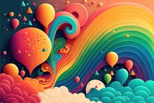  A Colorful Painting Of A Rainbow And Clouds With A Rainbow In The Background And A Rainbow In The Middle.