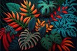  a painting of a jungle scene with tropical leaves and plants on a black background with a red frame and a green and orange leaf. Generative AI