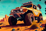 Vertical close up of an off road vehicle against a background that is fuzzy. Generative AI
