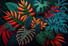  A Painting Of A Jungle Scene With Tropical Leaves And Plants On A Black Background With A Red Frame And A Green And Orange Leaf.