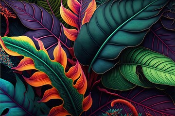 Wall Mural -  a painting of a bunch of leaves on a black background with a snake in the middle of the picture. Generative AI